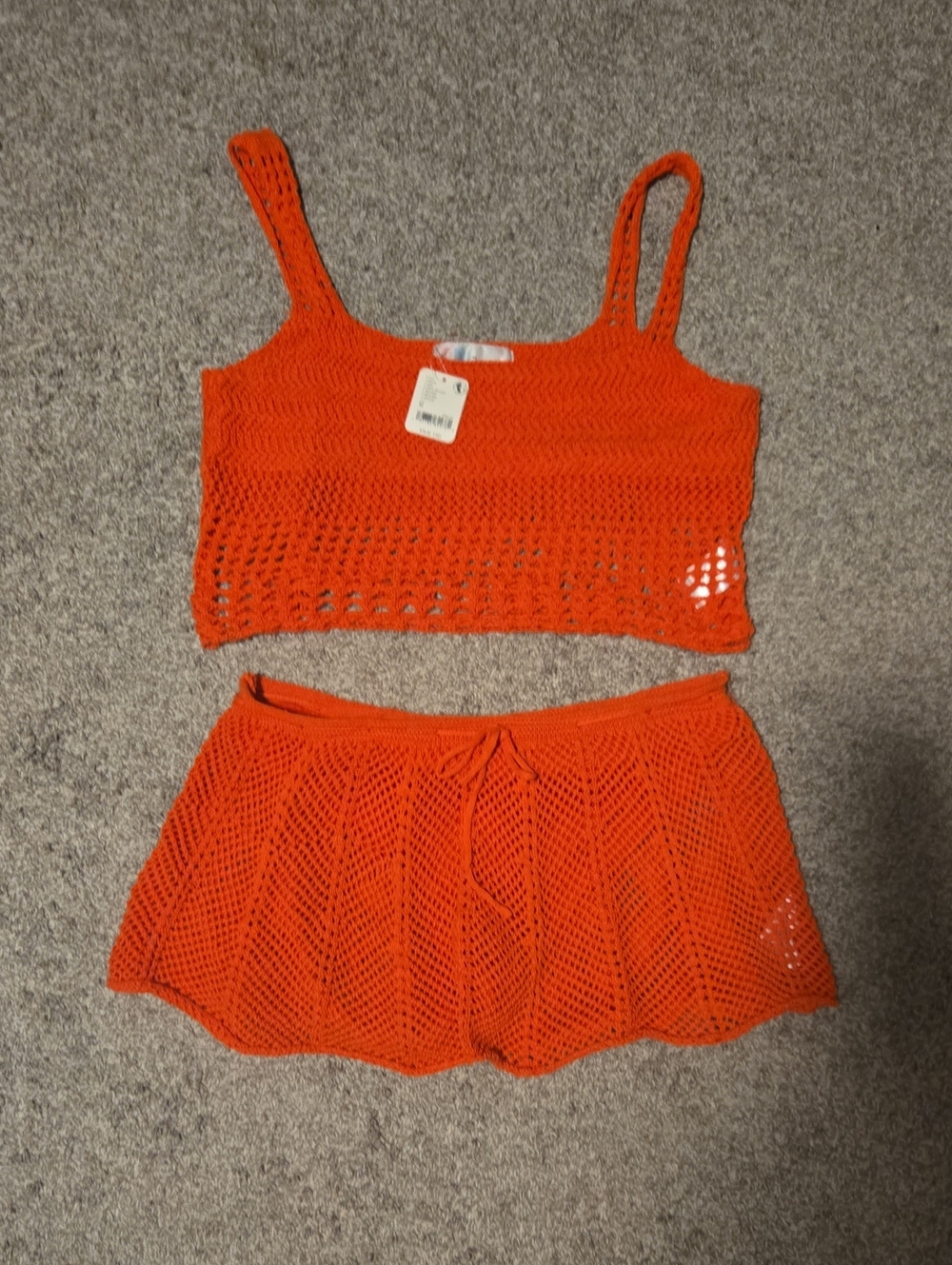 Vibrant Orange Crochet Two-Piece Swim Coverup Set